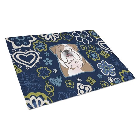 Carolines Treasures Blue Flowers English Bulldog Glass Cutting Board Large BB5070LCB